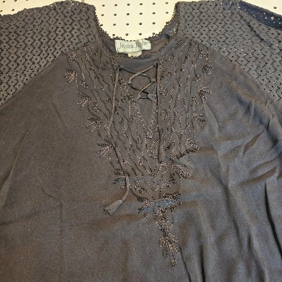 Jessica Taylor Black Midi Embroidered Trapeze Dress Lace Up Front Size 1X - Picture 2 of 10